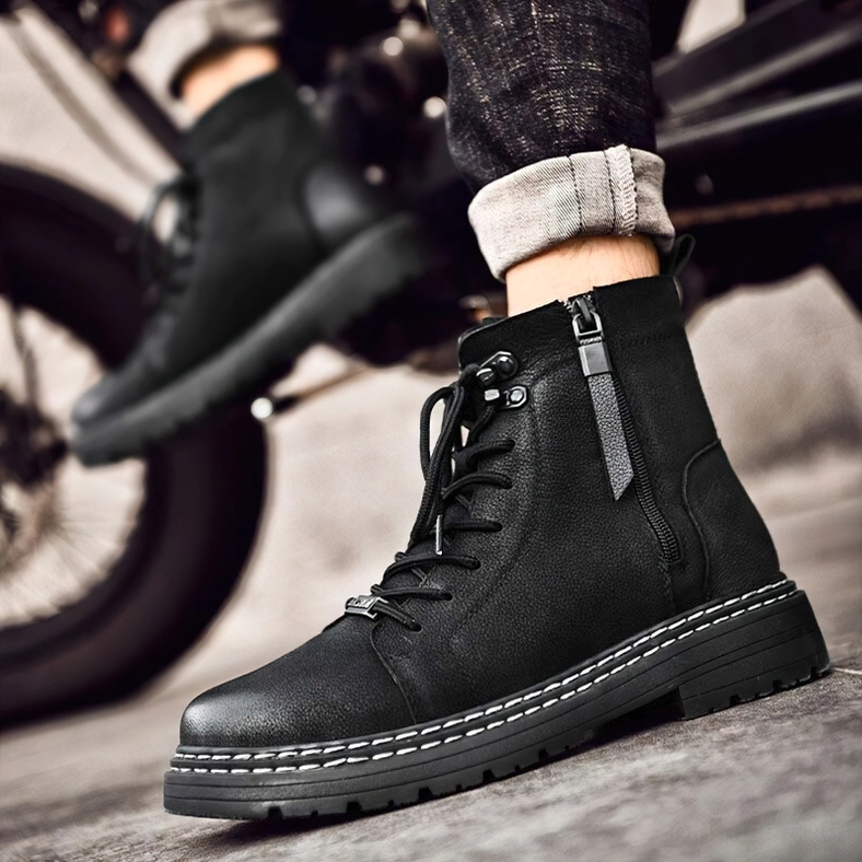 Black combat boots lifestyle view showcasing versatile gothic aesthetic and ankle height