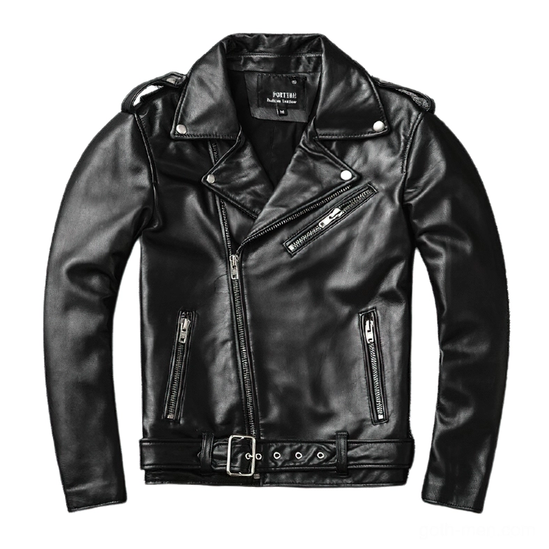 Black cow leather gothic biker jacket front view asymmetrical zipper slim fit men's moto jacket