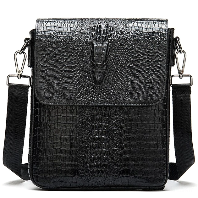 Black crocodile pattern leather gothic messenger bag for men - front view with metal crocodile head emblem and vintage hardware details