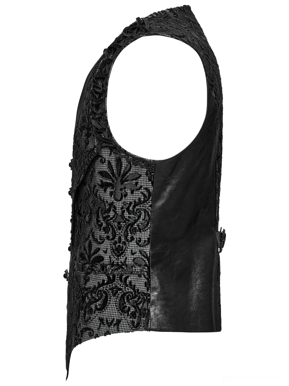 Side view flat lay of black gothic brocade waistcoat showing single armhole and faux leather panel