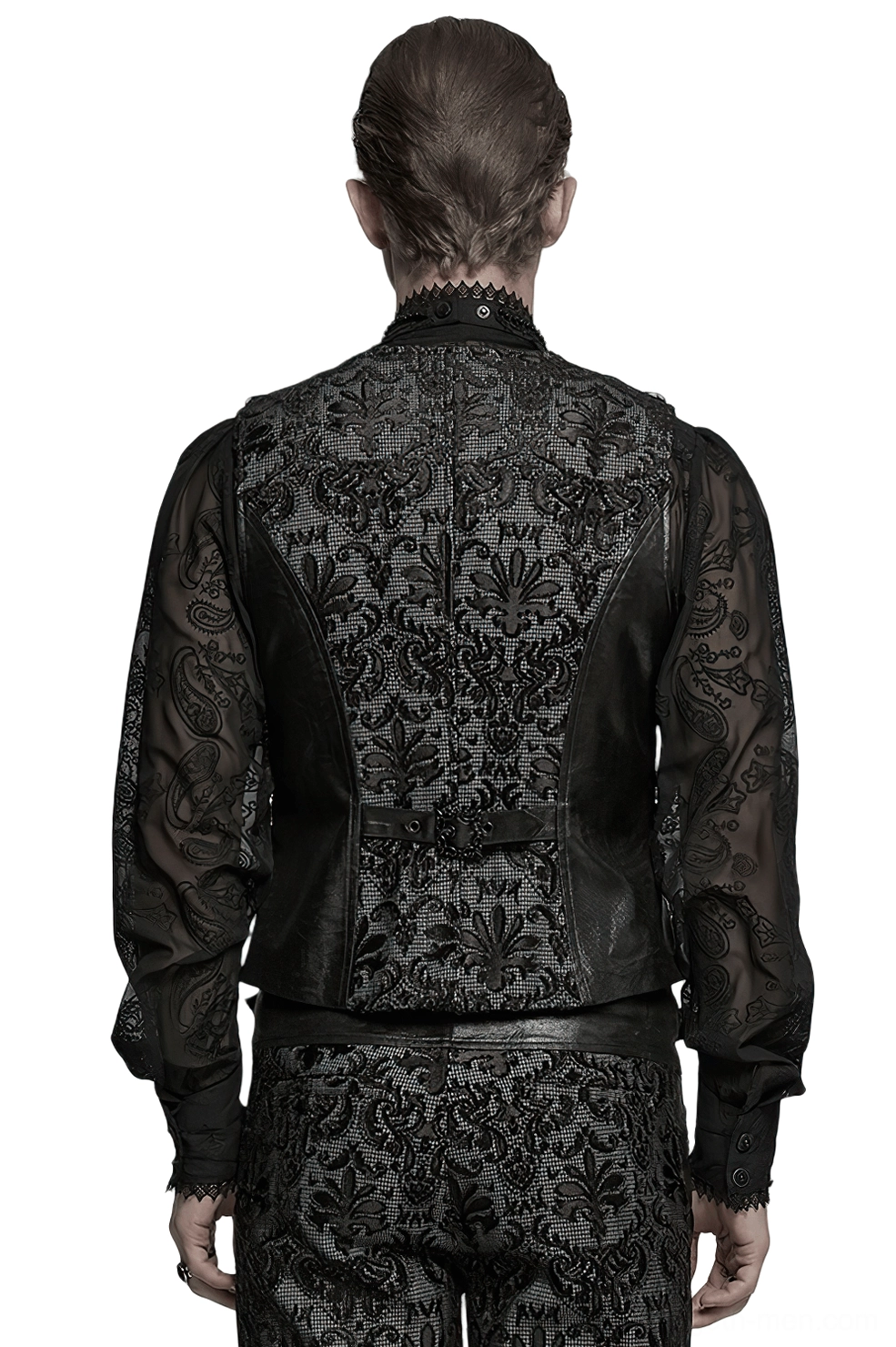 Black gothic embroidered brocade waistcoat back view with adjustable waist strap and faux leather panels