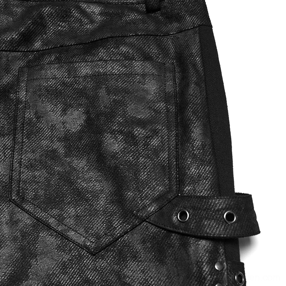 Black distressed gothic slim pants back pocket detail with stitching and metal eyelet side strap