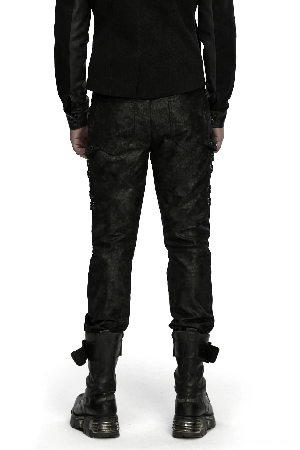 Black distressed gothic slim pants rear view showing faded textured fabric and industrial styling