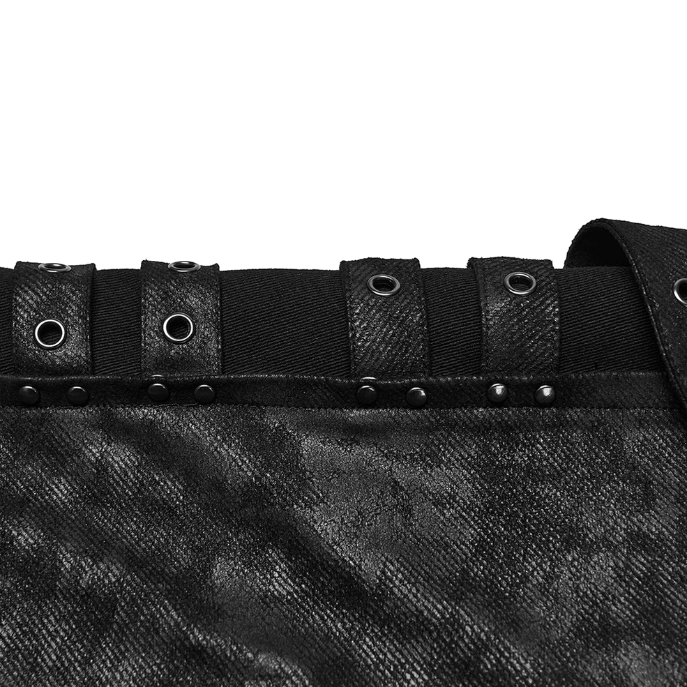 Black distressed gothic slim pants metal eyelet and rivet accent closeup on twill fabric