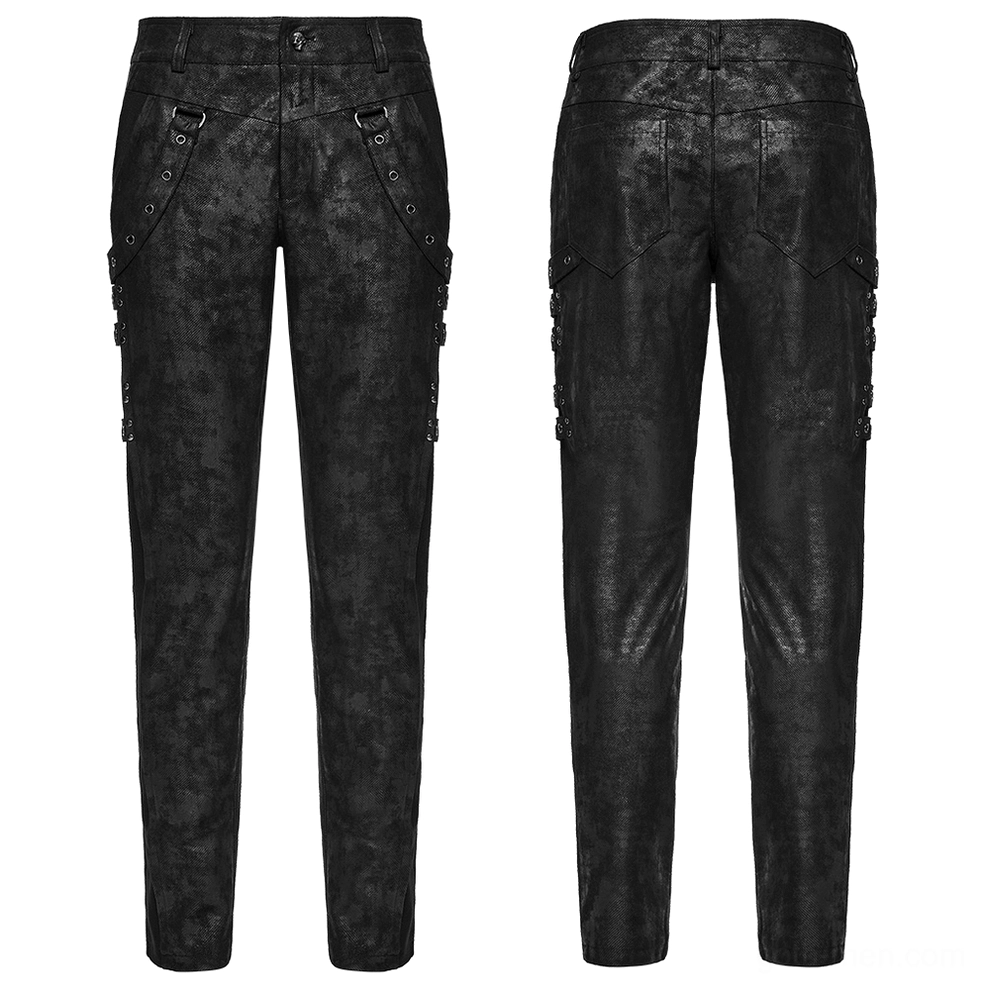 Black distressed gothic slim pants front flat lay with metal eyelet side straps and front pockets