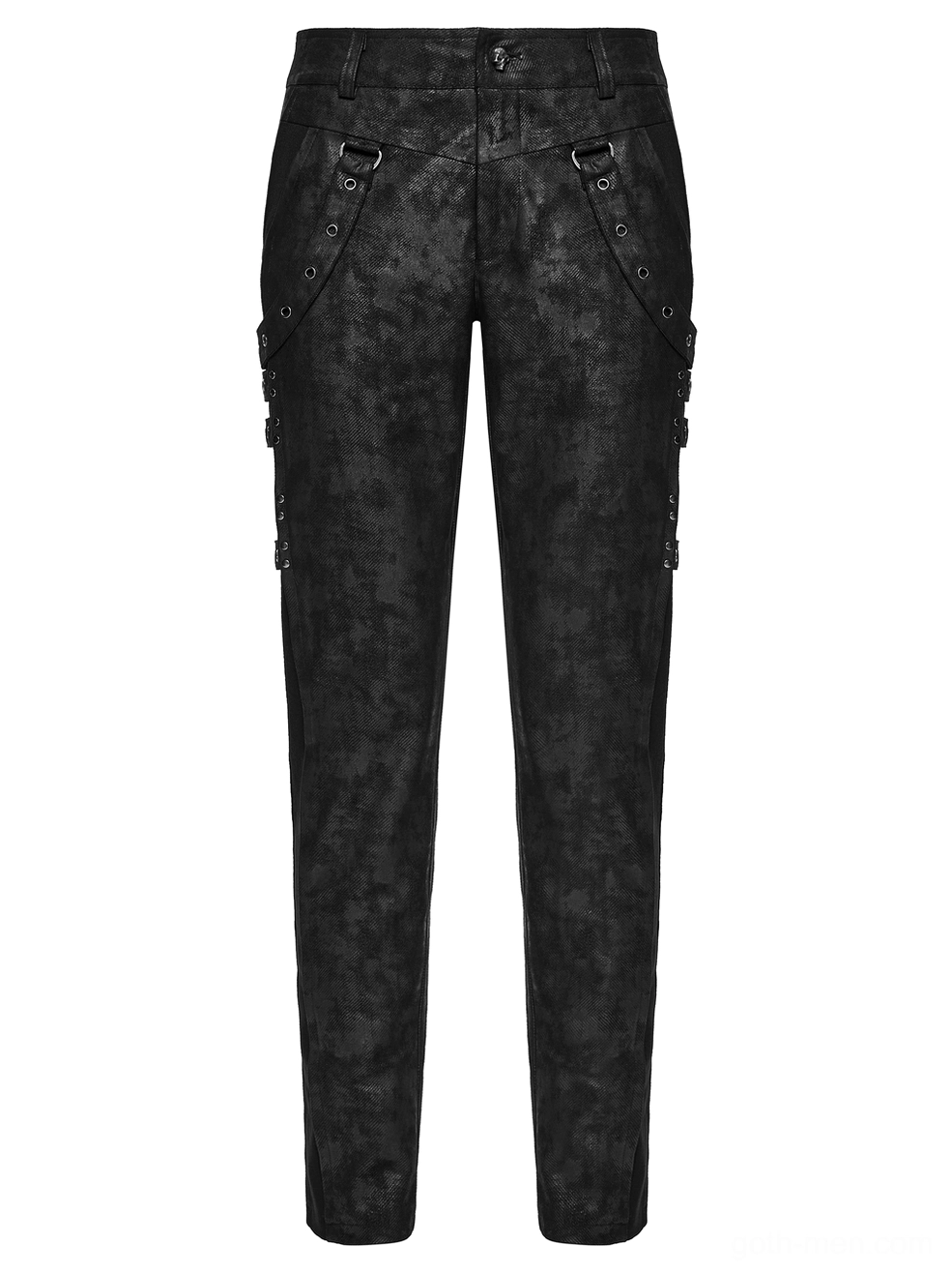 Black distressed gothic slim pants rear flat lay showing back pockets and eyelet trim details