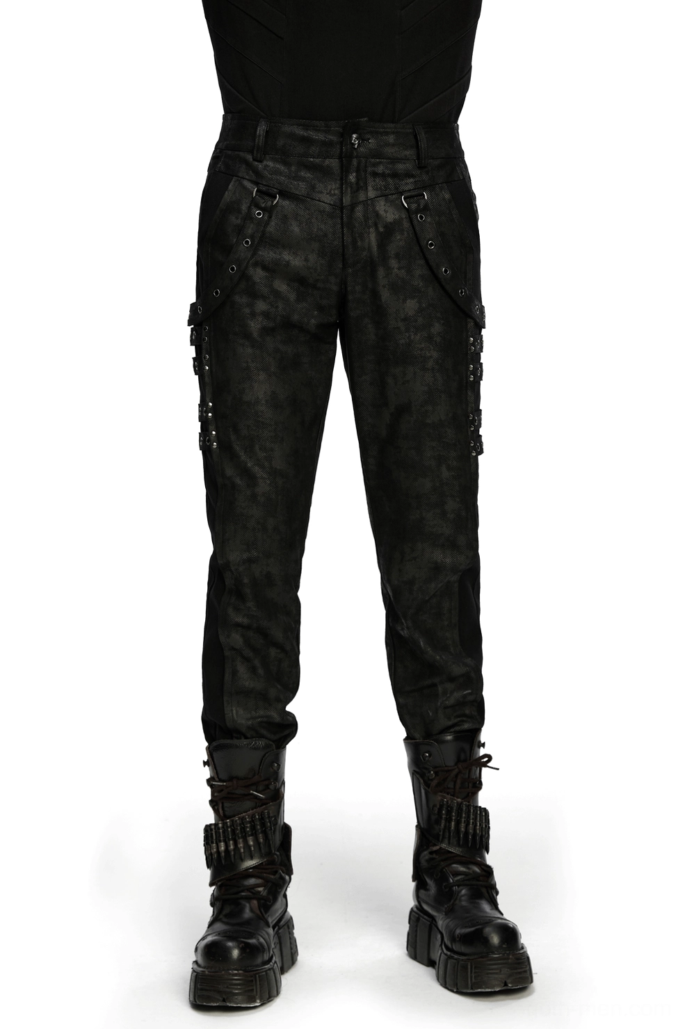 Black distressed gothic slim pants front three-quarter view with metal eyelet side straps on male model