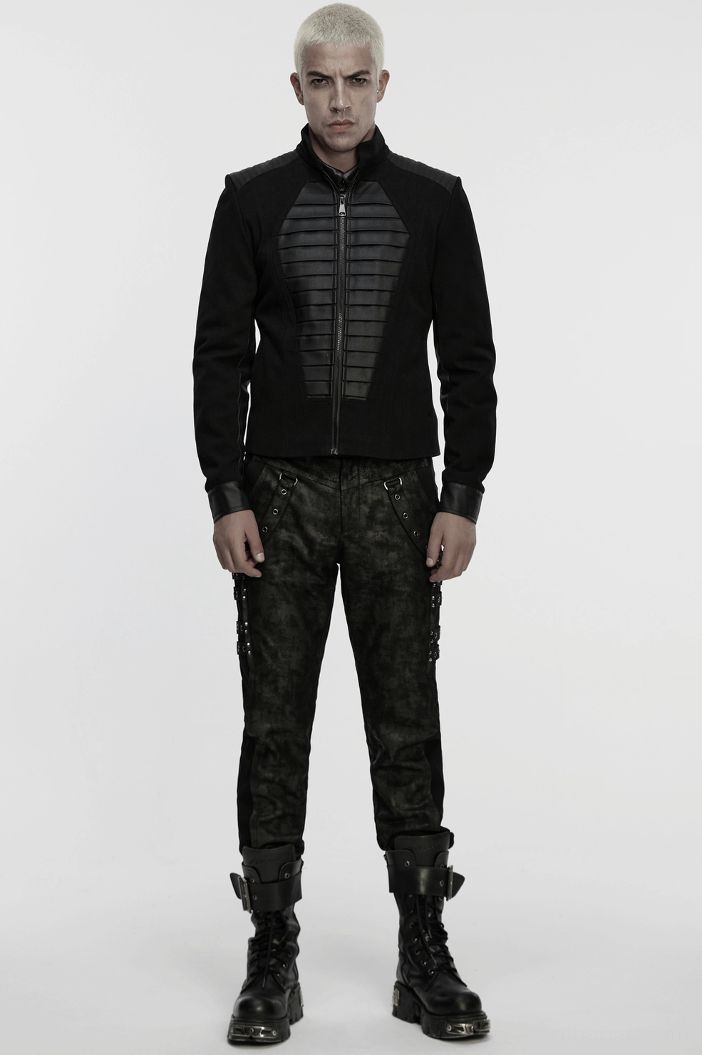 Black distressed gothic slim pants full product shot showing overall silhouette and distressed mottled finish