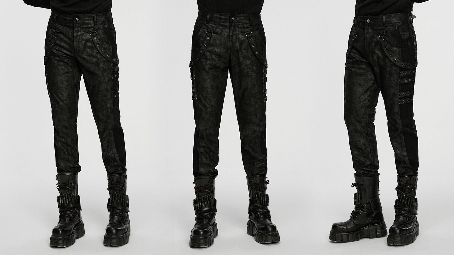 Black distressed gothic slim pants wearing demonstration showing fit and industrial aesthetic