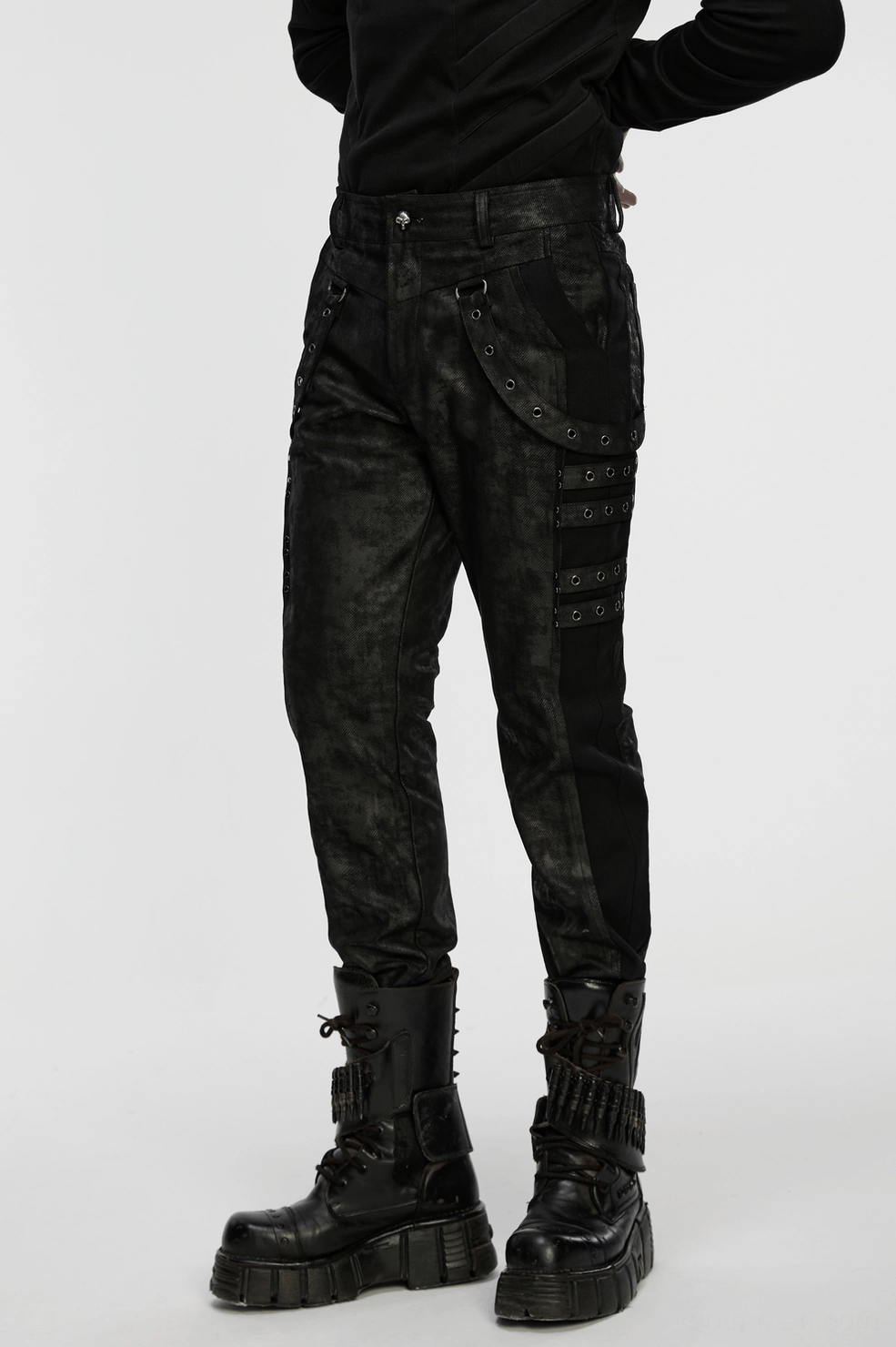 Black distressed gothic slim pants elastic panel construction and side splicing detail