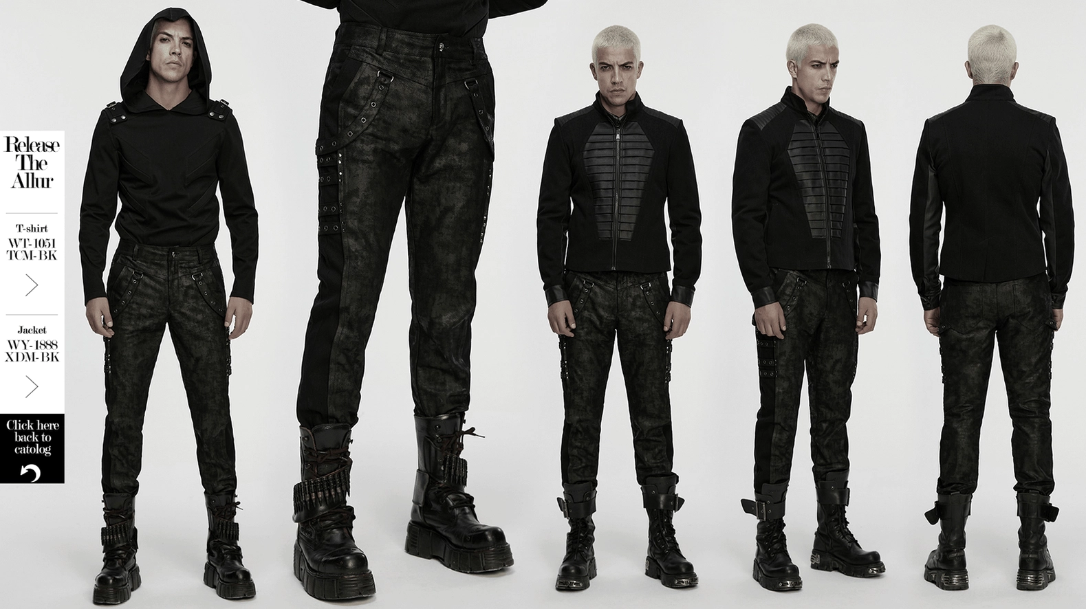 Black distressed gothic slim pants product overview with mottled print and metal eyelet straps