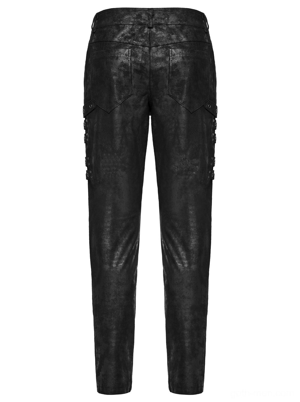 Black distressed gothic slim pants rear flat lay detail with classic back pockets and slim tapered fit