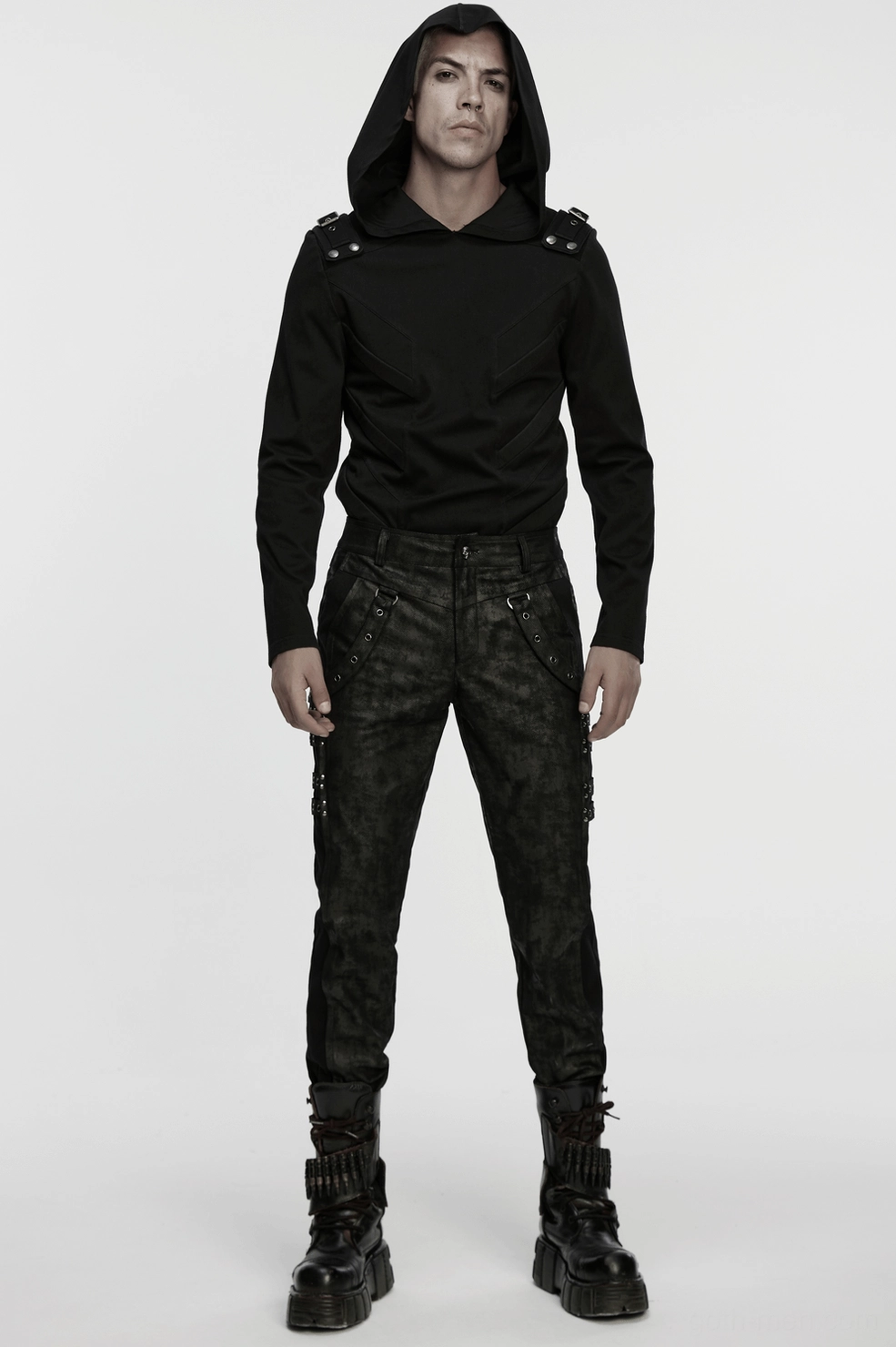Black distressed gothic slim pants side profile highlighting slim tapered fit and hardware
