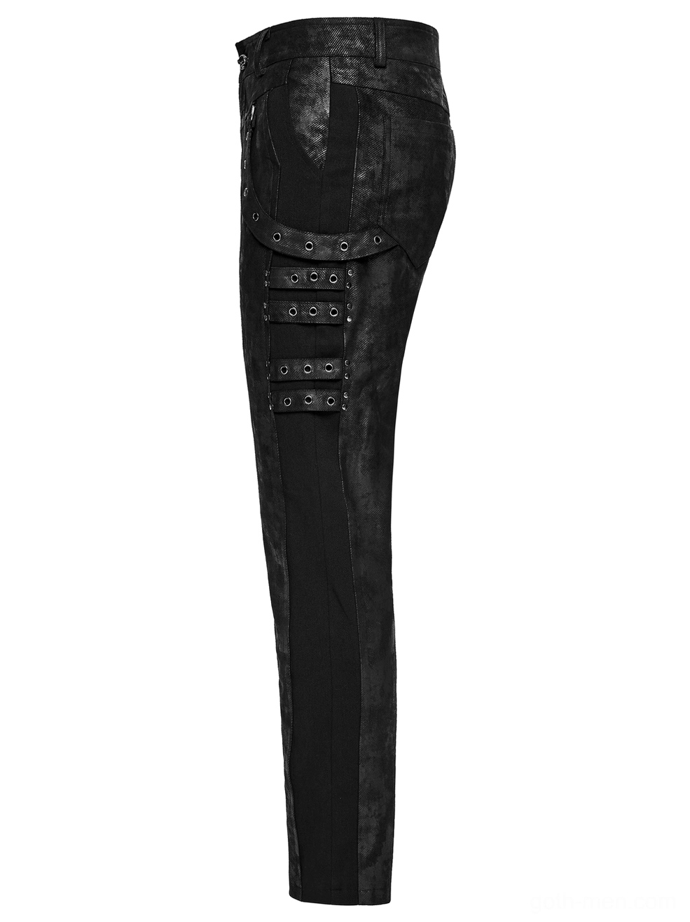 Black distressed gothic slim pants side flat lay showing multi-layer metal eyelet straps and contrast panel