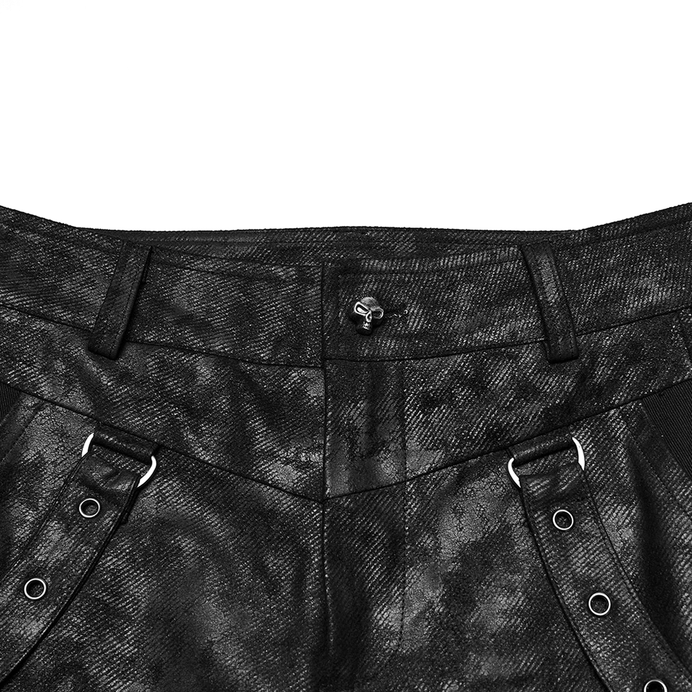 Black distressed gothic slim pants waist hardware closeup showing metal button and belt loops with eyelet straps