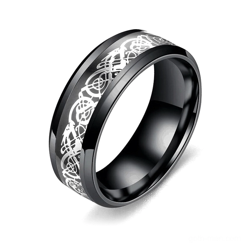 Black stainless steel dragon gothic ring front view with Celtic engraving and silver inlay detail