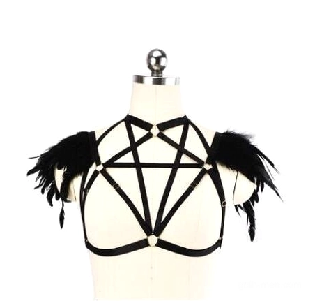 Black elastic pentagram feather chest harness with metal fasteners - gothic BDSM body harness style 1