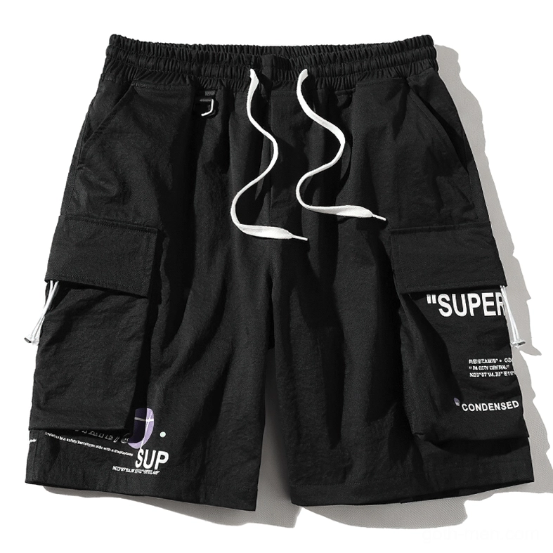 Black elastic waist cargo shorts - high quality flat lay product photography