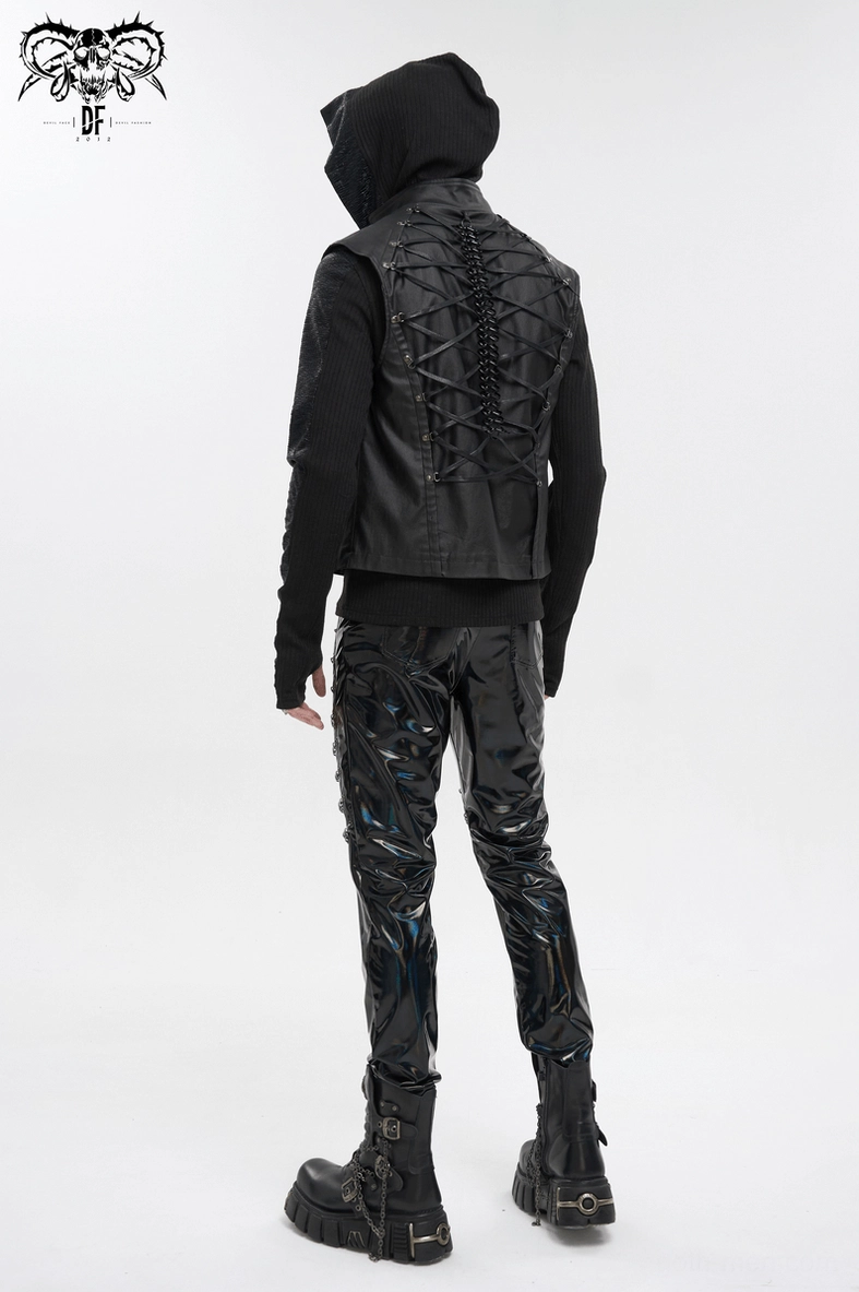 Black faux leather gothic waistcoat with metal buckles and adjustable lace-up system for men