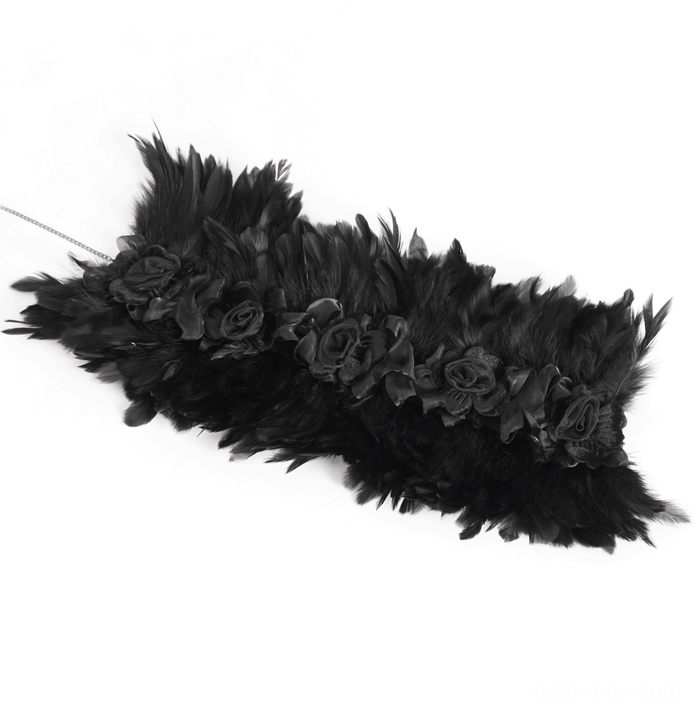 Long black feather collar trim with multiple fabric roses, dense texture side view