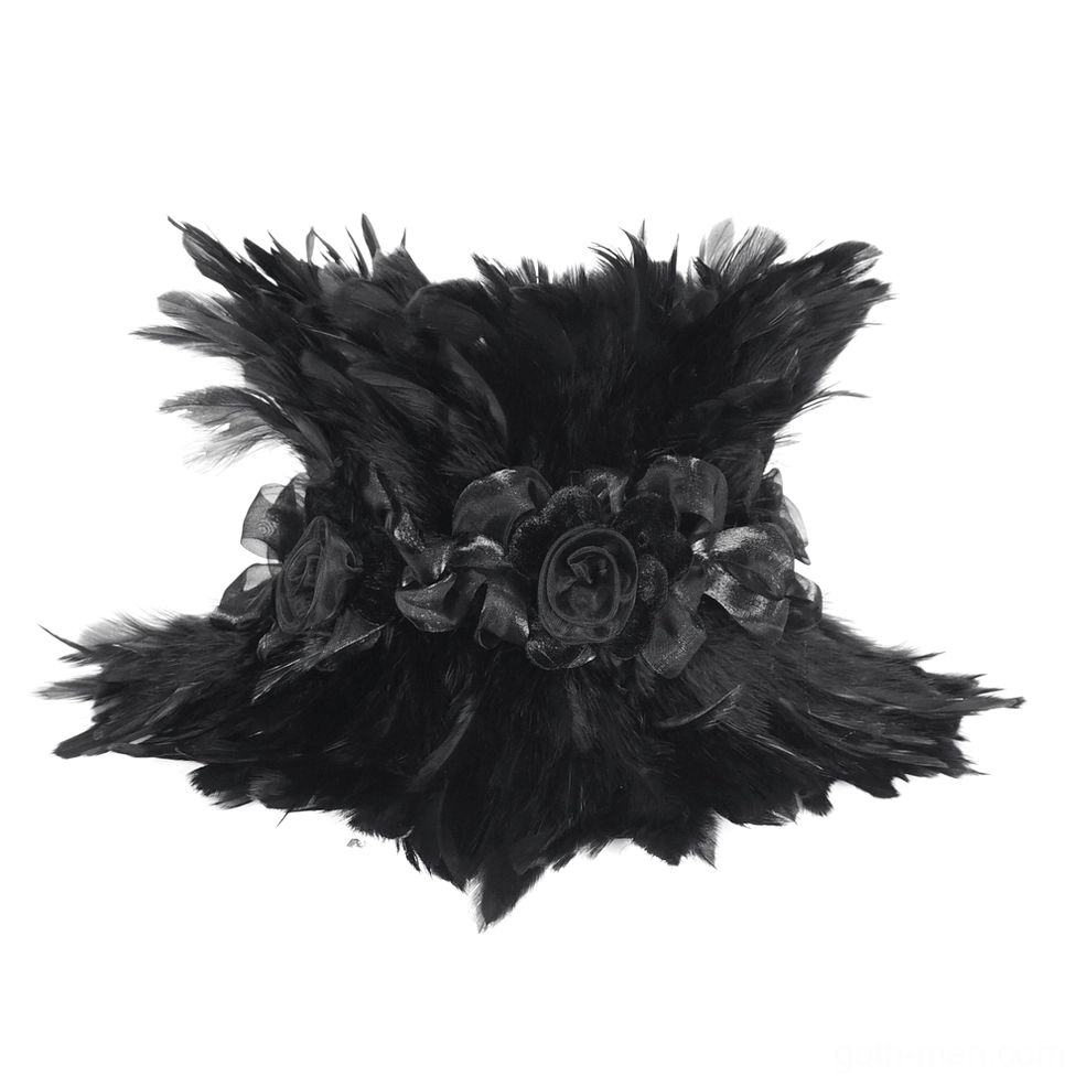 Black feather fabric flower neck corsage flat lay, top-down product view