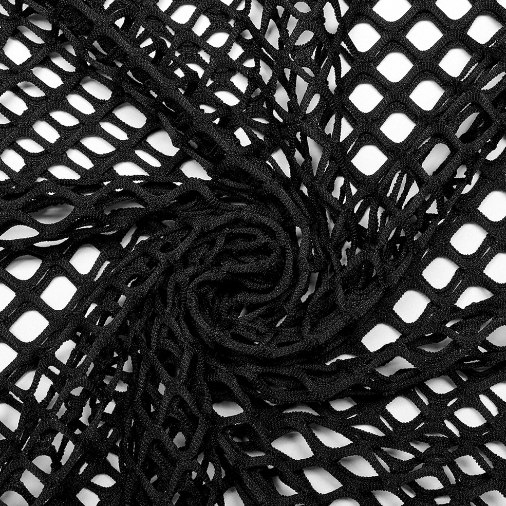 Black fishnet fabric close-up macro twisted shot showing stretched grid mesh weave