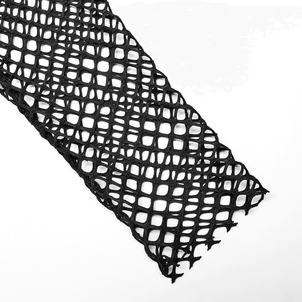 Black fishnet fabric swatch close-up flat lay showing rhombus grid weave texture