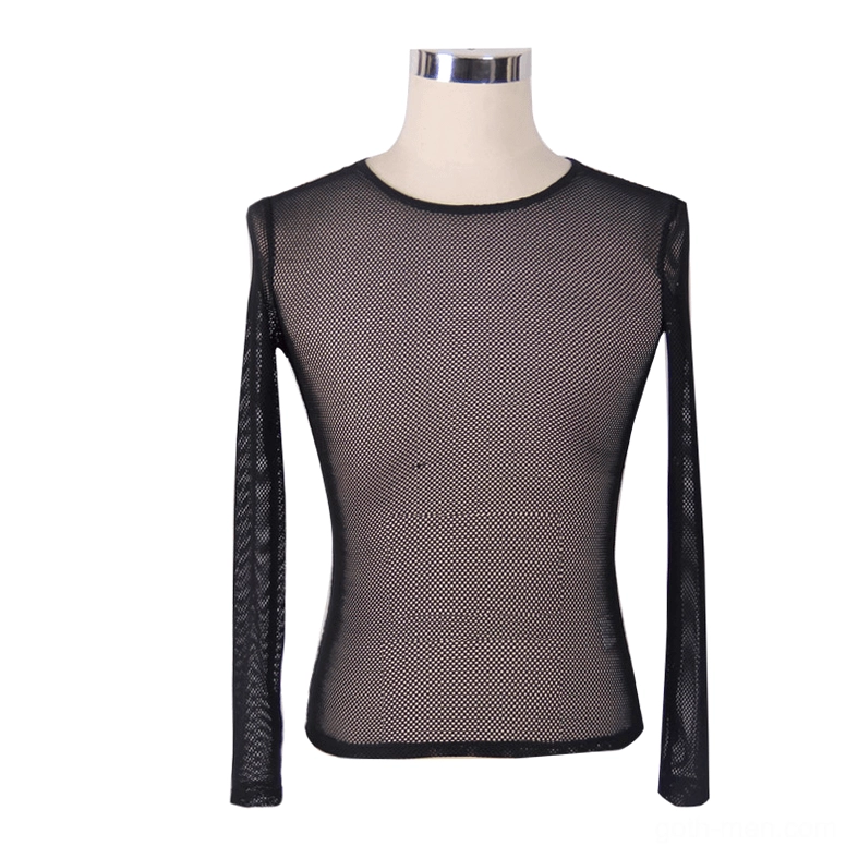 Black fishnet crew neck long-sleeve gothic top on mannequin, full front view with clean edges