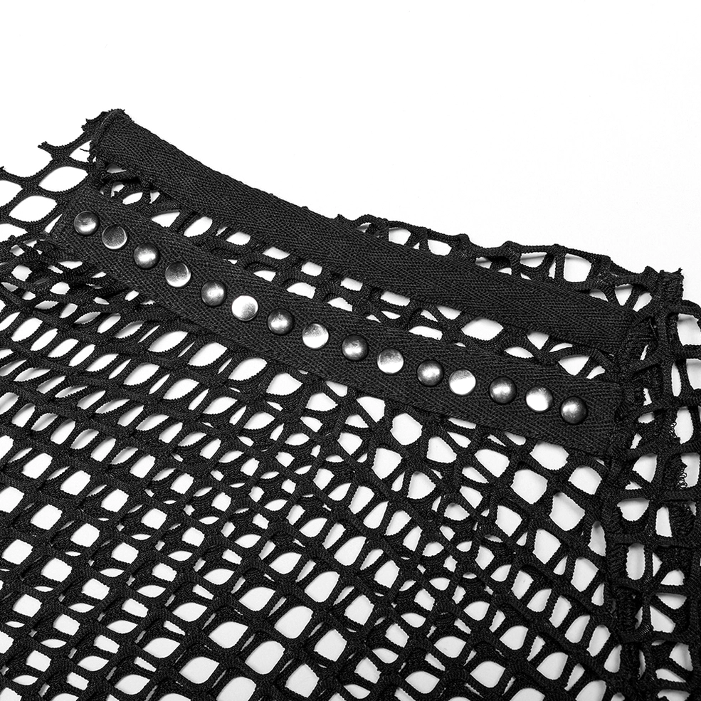 Black fishnet mesh top trim detail close-up studded rivet seam construction