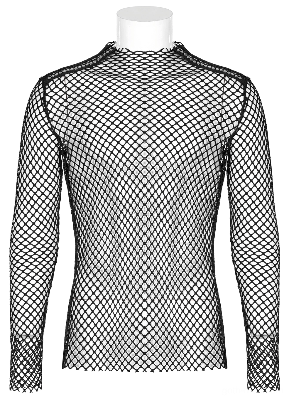 Black fishnet mock neck mesh top front full view on display mannequin white background