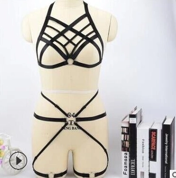 Full body black elastic halter harness with crisscross straps and central o-ring - complete gothic BDSM harness style 4