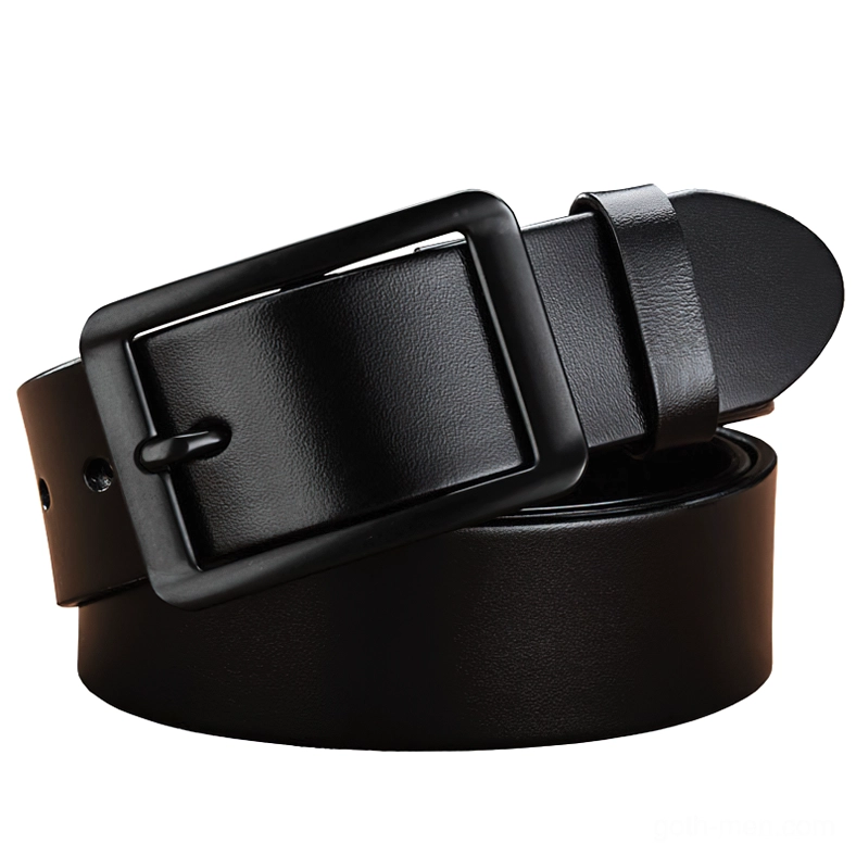 Black genuine leather gothic pin buckle belt with polished finish and rectangular matte buckle, adjustable fit