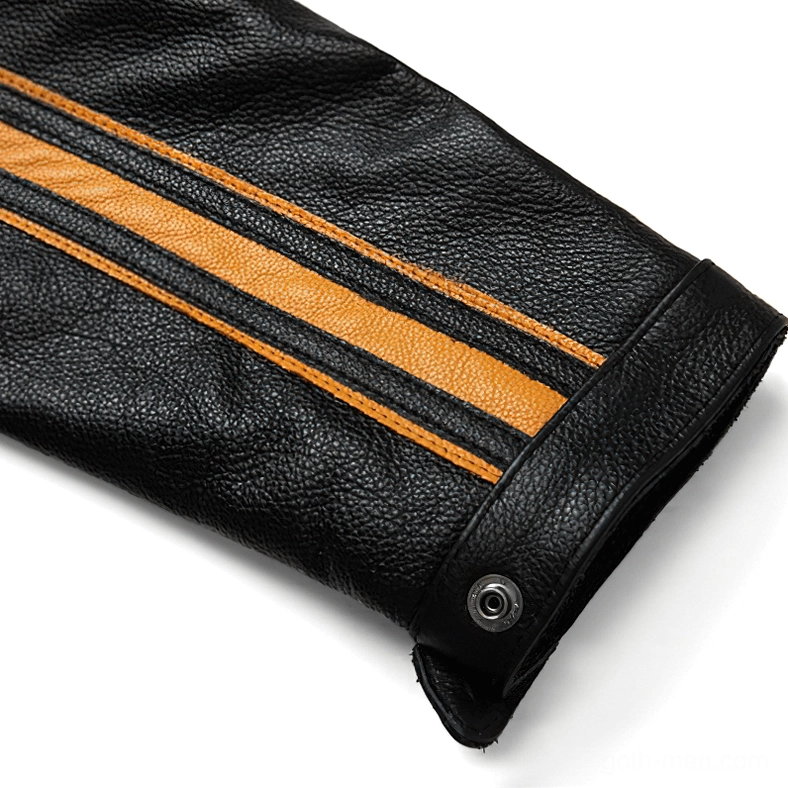 Front flat lay of black genuine leather gothic motorcycle jacket full view