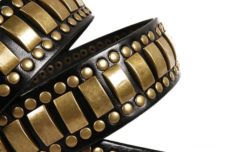 Black geometric rivet gothic belt showing intricate bronze stud pattern and leather craftsmanship
