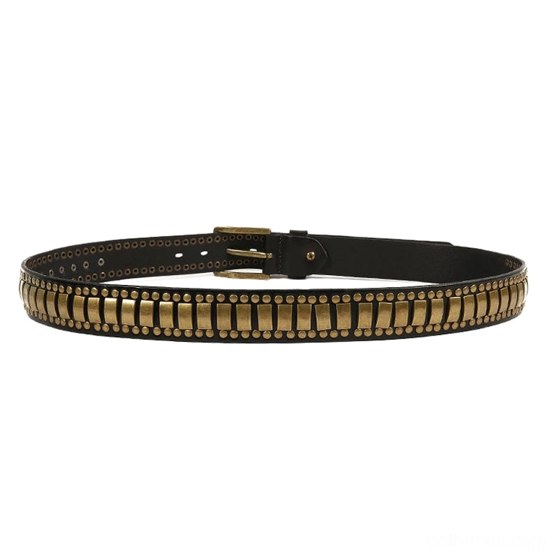 Black geometric rivet belt with continuous bronze rectangular studs, full length view