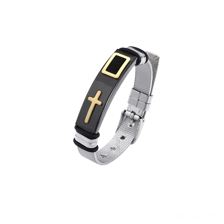 Black and gold cross stainless steel bracelet with IP black plating and gold cross ornament shown in three-quarter side view
