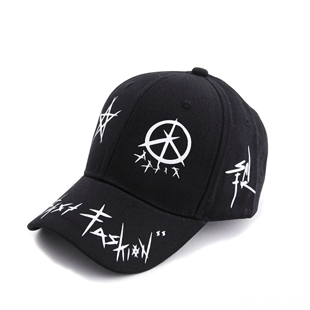 Black gothic graffiti snapback baseball cap with white anarchist symbols and punk letter prints, front three-quarter view