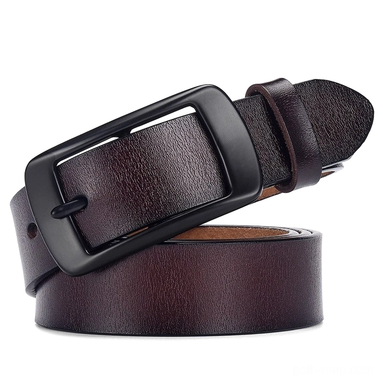 Black genuine leather gothic adjustable belt with matte pin buckle, minimalist design for alternative fashion styling