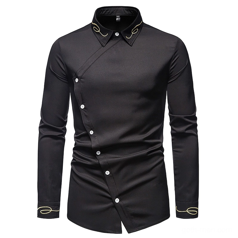 Black gothic asymmetric shirt flat lay front view with gold collar embroidery
