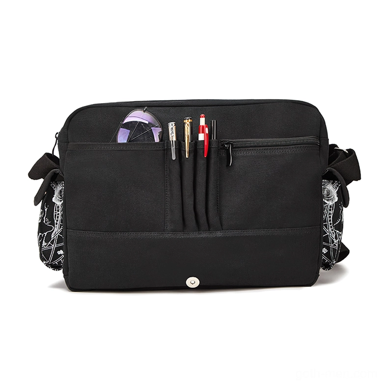 Gothic canvas shoulder bag front view with storage compartments, pen slots, and zipper pocket organization