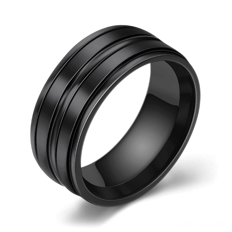 Black minimalist gothic band ring with double-grooved polished surface, 3/4 frontal view showcasing geometric design
