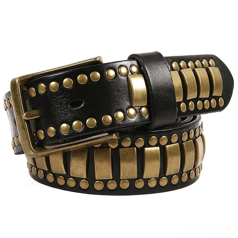 Black gothic belt flat lay showing full geometric rivet pattern with round and rectangular bronze studs
