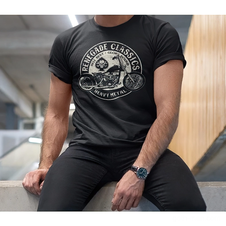 Men wearing black gothic biker motorcycle t-shirt on model styled look front close-up