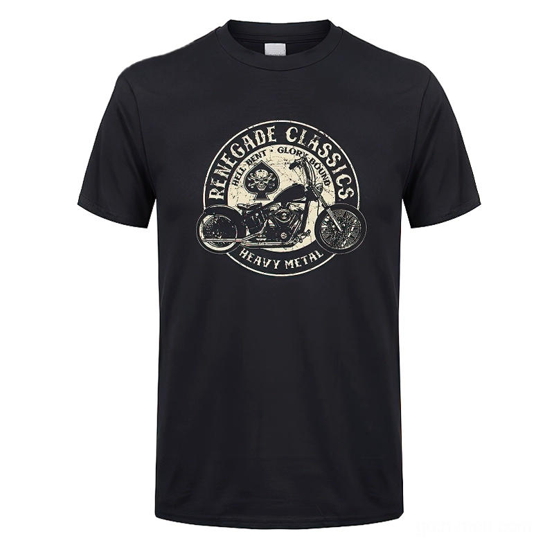 Black gothic biker motorcycle graphic t-shirt front view flat lay vintage aesthetic