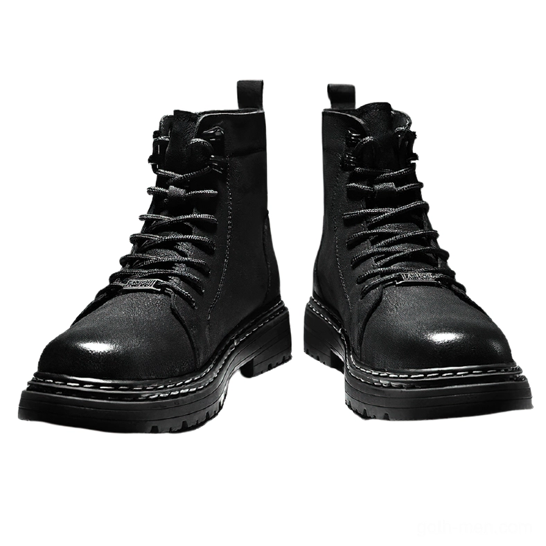 Front view of black leather gothic boots with polished toe cap and durable rubber outsole