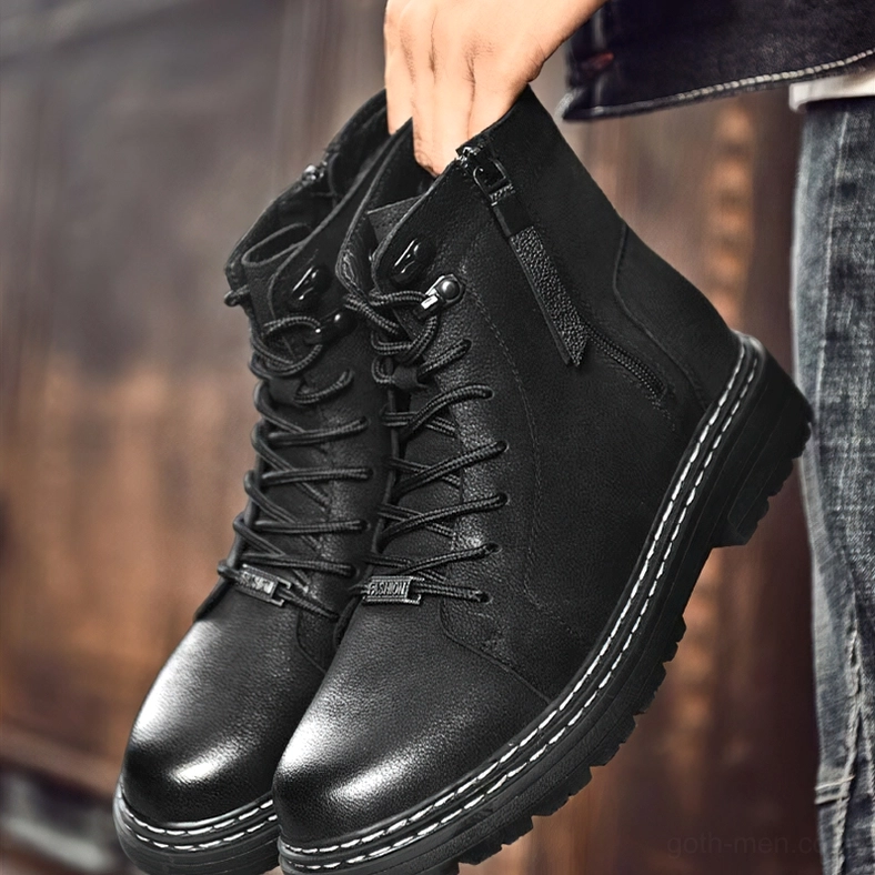 Black leather gothic boots front three-quarter view with premium leather upper and metal hardware
