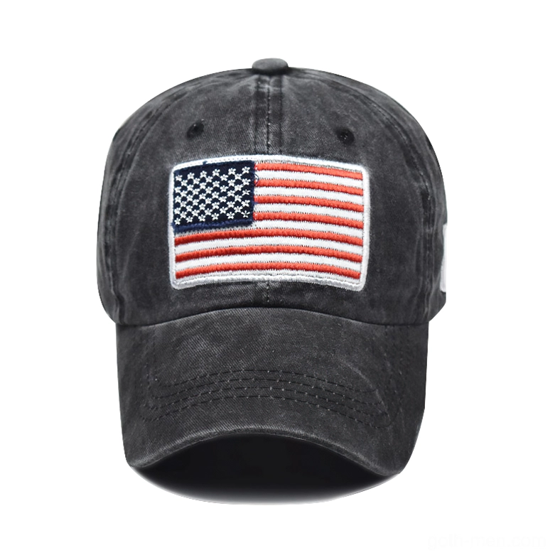 Black washed cotton gothic USA flag baseball cap direct front view showing embroidered patch design