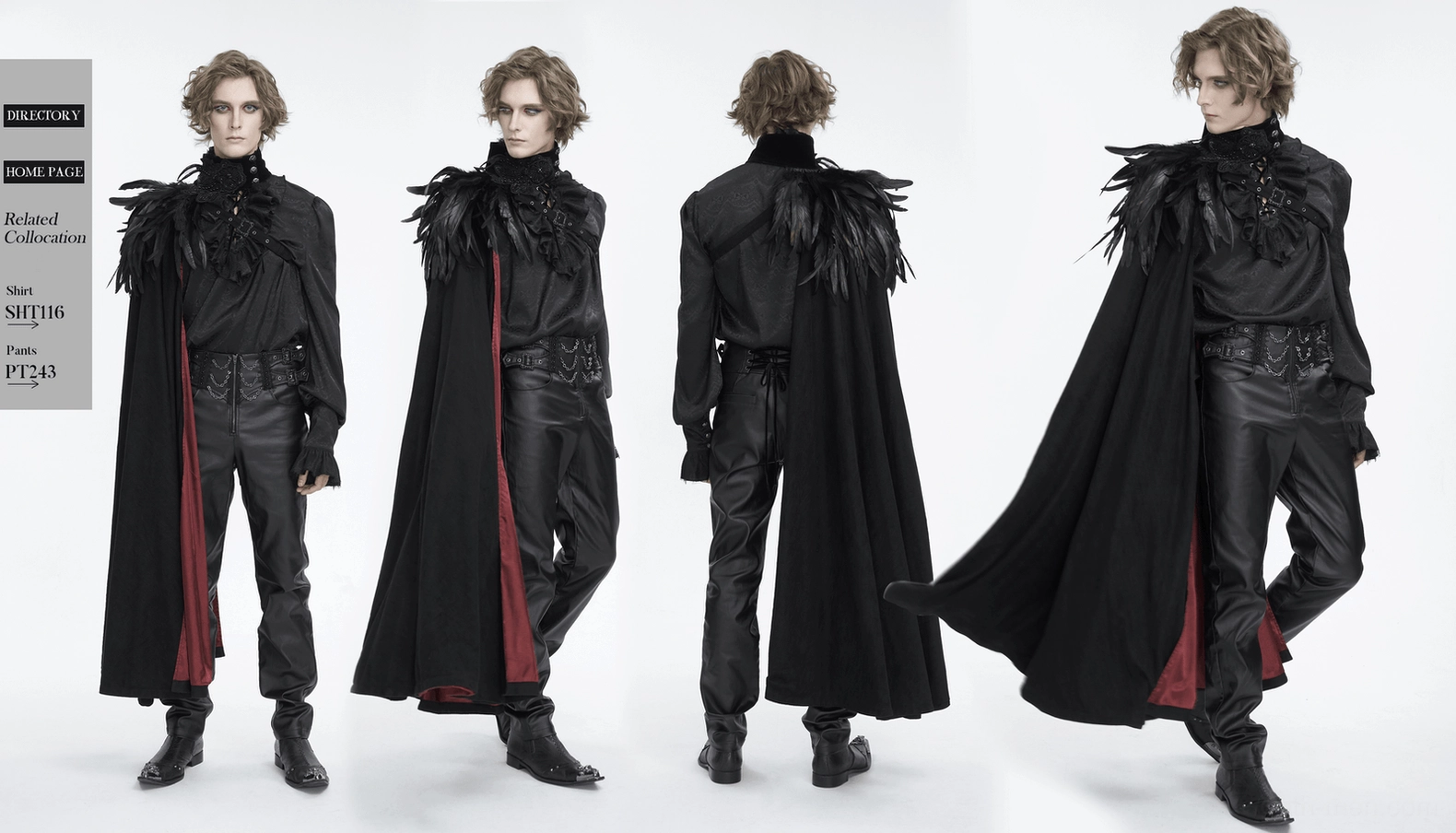 Product display of black feathered asymmetric gothic cape with ornate metal hardware and wine-red lining visible