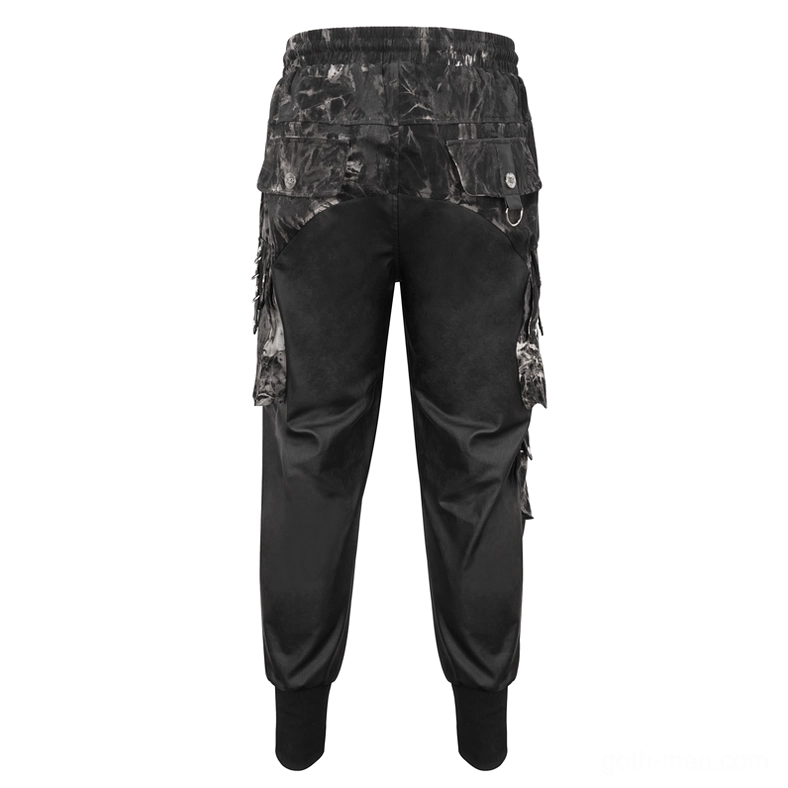 Flat lay rear view of black gothic cargo joggers showing multiple cargo pockets and ribbed cuffs