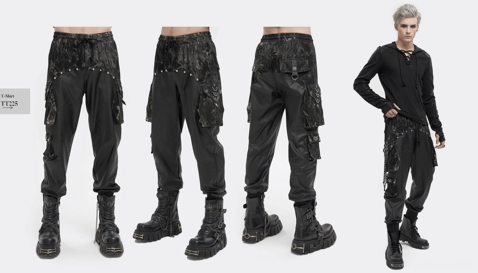 Black gothic cargo joggers professional product shot highlighting rivet hardware and design features